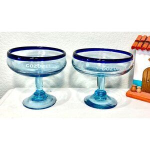 Hand Blown Mexican Fiesta Margarita 2 Glasses From Cozumel 16 oz